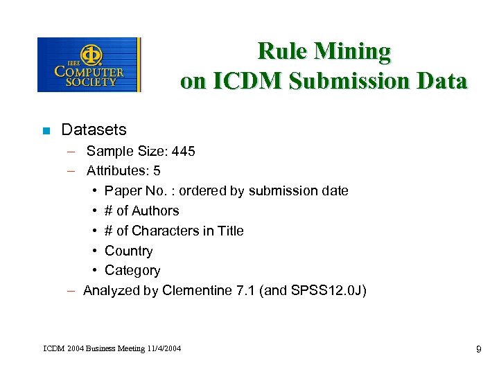 Rule Mining on ICDM Submission Datasets – Sample Size: 445 – Attributes: 5 •