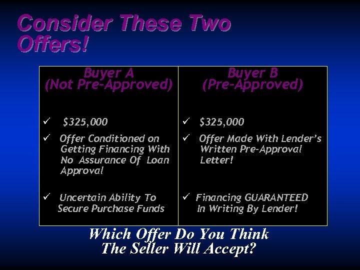 Consider These Two Offers! Buyer A (Not Pre-Approved) ü $325, 000 Buyer B (Pre-Approved)