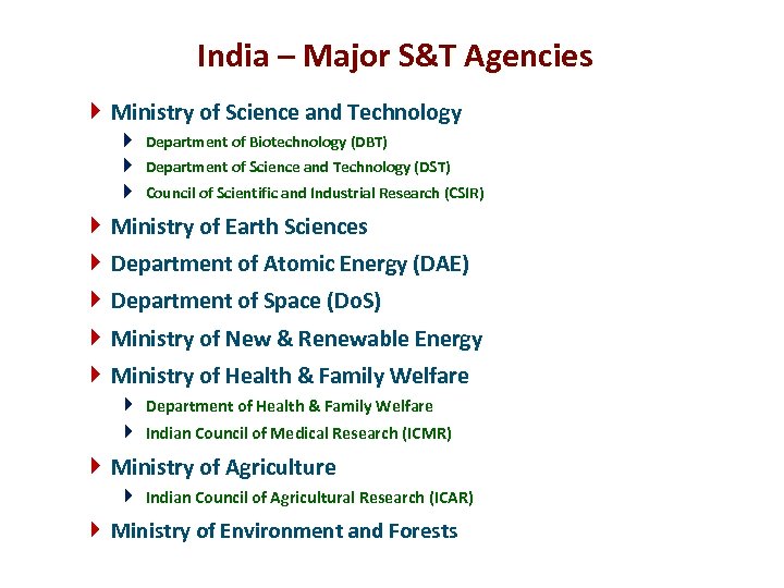 India – Major S&T Agencies Ministry of Science and Technology Department of Biotechnology (DBT)