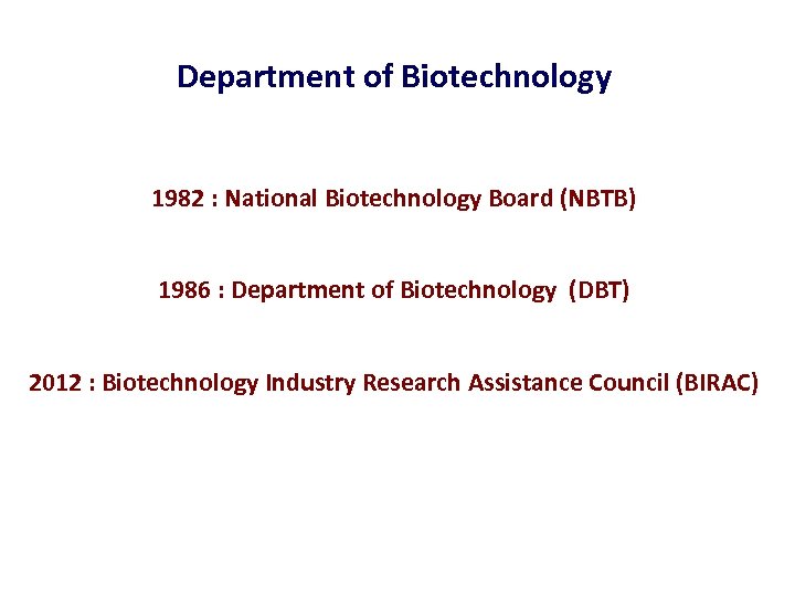 Department of Biotechnology 1982 : National Biotechnology Board (NBTB) 1986 : Department of Biotechnology