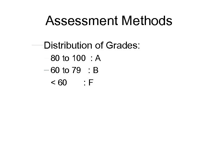 Assessment Methods Distribution of Grades: 80 to 100 : A 60 to 79 :