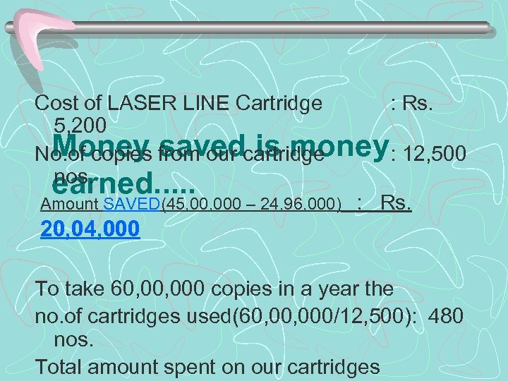 Cost of LASER LINE Cartridge : Rs. 5, 200 Money saved is money: 12,