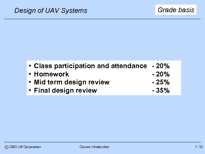 Design of UAV Systems • • Class participation and attendance Homework Mid term design