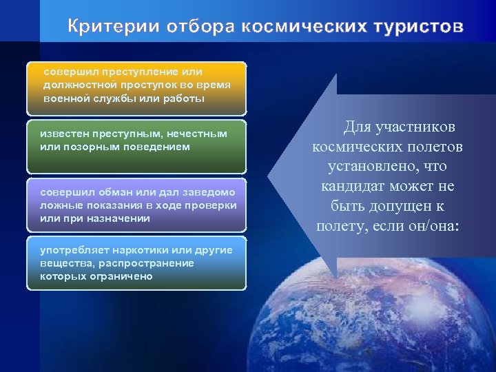 Критерии отбора космических туристов совершил преступление или должностной проступок во время военной службы или