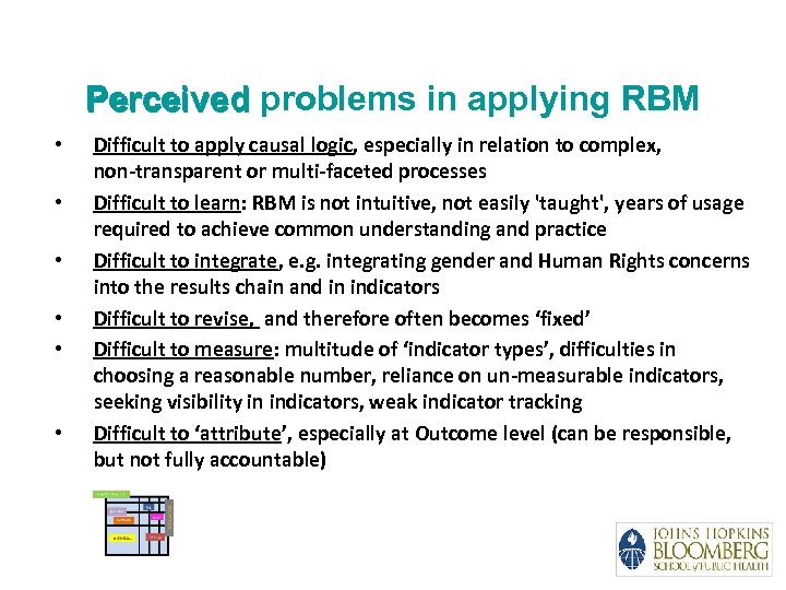 Perceived problems in applying RBM • • • Difficult to apply causal logic, especially