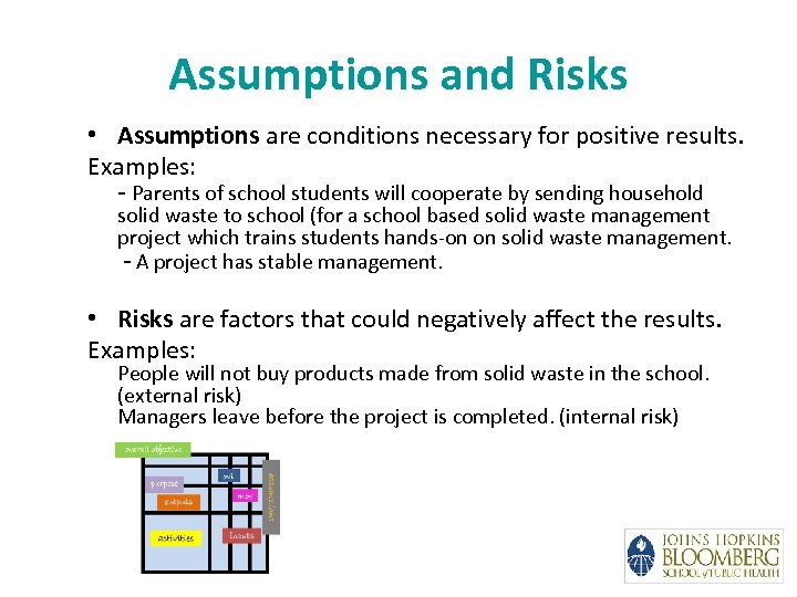 Assumptions and Risks • Assumptions are conditions necessary for positive results. Examples: - Parents