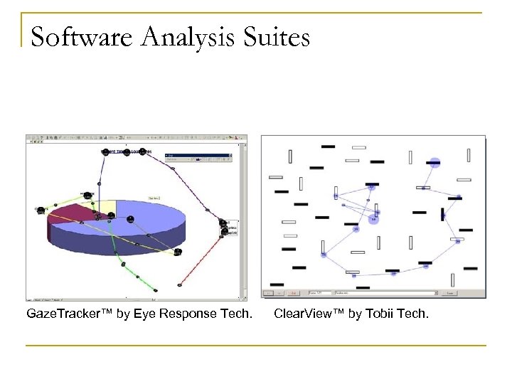 Software Analysis Suites Gaze. Tracker™ by Eye Response Tech. Clear. View™ by Tobii Tech.