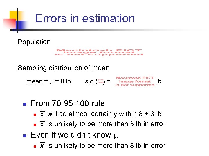 Errors in estimation Population Sampling distribution of mean = = 8 lb, s. d.