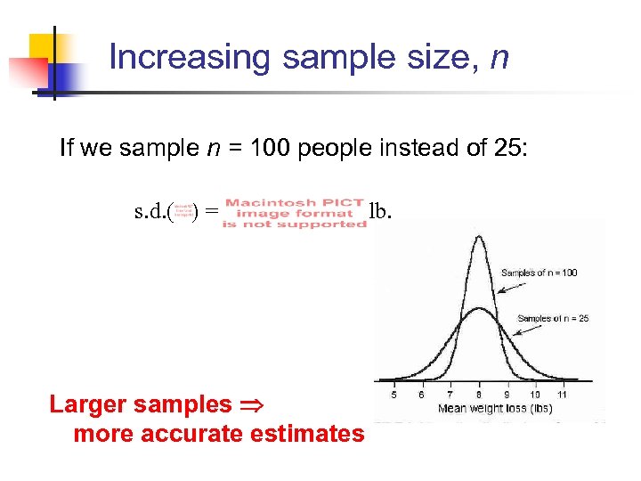 Increasing sample size, n If we sample n = 100 people instead of 25: