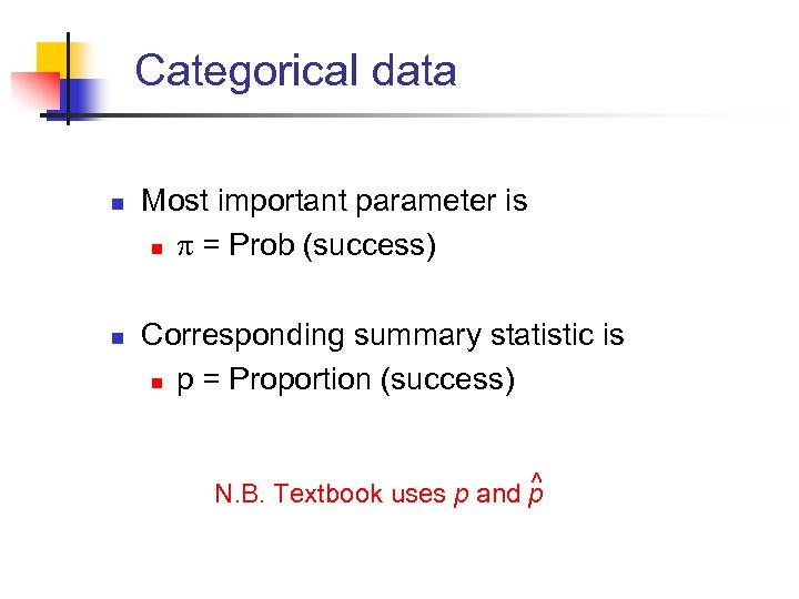 Categorical data n n Most important parameter is n = Prob (success) Corresponding summary