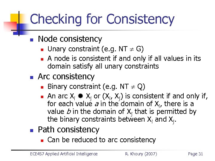 Checking for Consistency n Node consistency n n n Arc consistency n n n