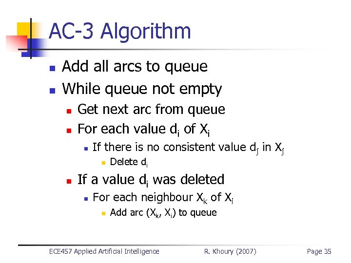 AC-3 Algorithm n n Add all arcs to queue While queue not empty n