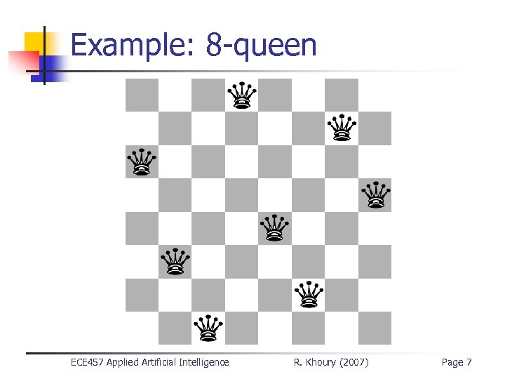 Example: 8 -queen ECE 457 Applied Artificial Intelligence R. Khoury (2007) Page 7 