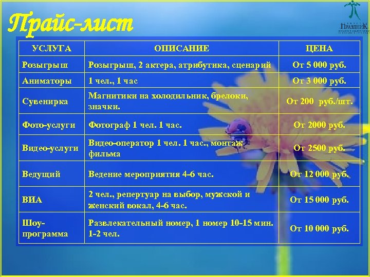 Прайс-лист УСЛУГА ОПИСАНИЕ ЦЕНА Розыгрыш, 2 актера, атрибутика, сценарий От 5 000 руб. Аниматоры