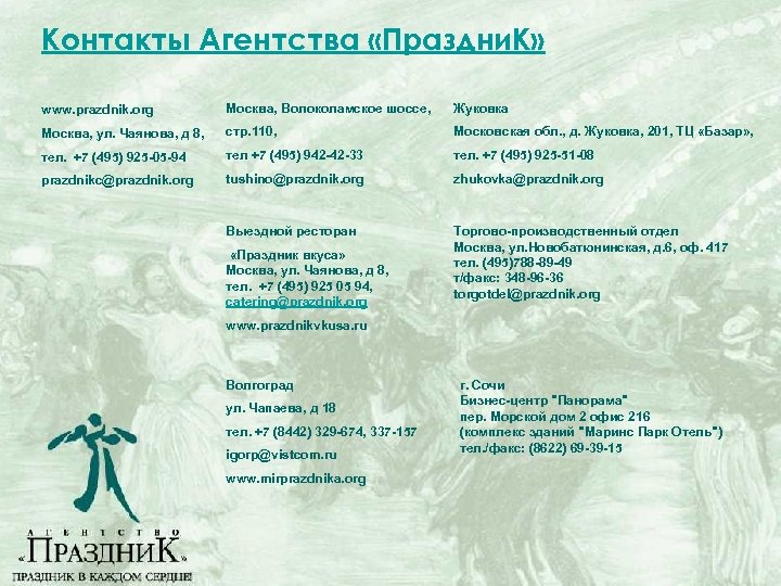Контакты Агентства «Праздни. К» www. prazdnik. org Москва, Волоколамское шоссе, Жуковка Москва, ул. Чаянова,