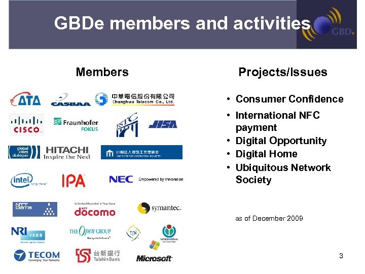 GBDe members and activities Members Projects/Issues • Consumer Confidence • International NFC payment •