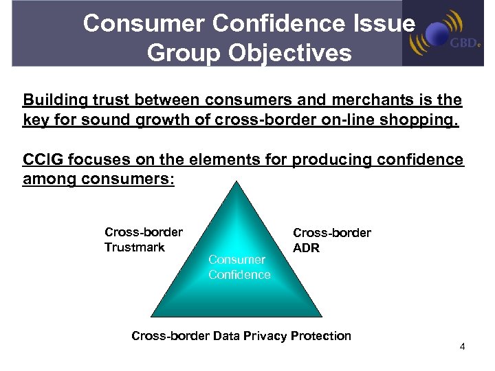 Consumer Confidence Issue Group Objectives Building trust between consumers and merchants is the key