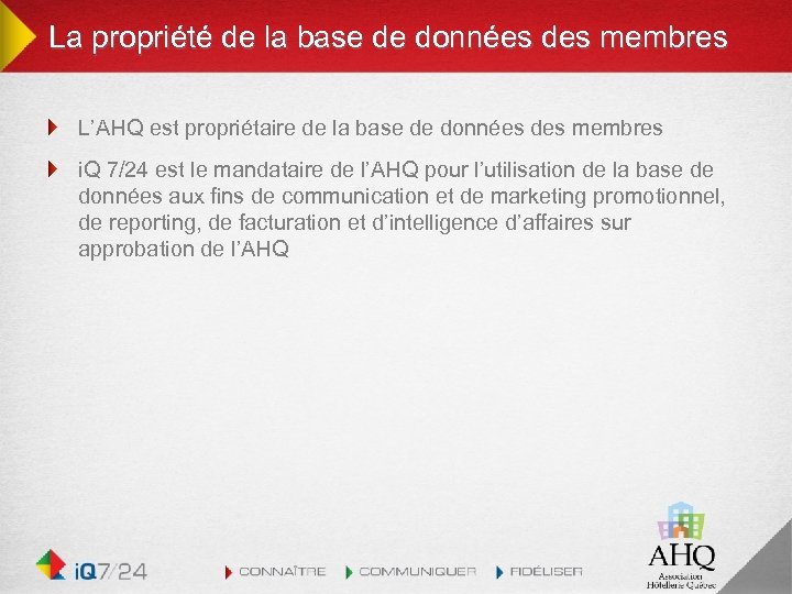 La propriété de la base de données des membres L’AHQ est propriétaire de la