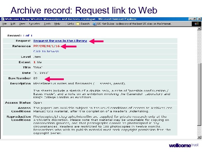 Archive record: Request link to Web OPAC 