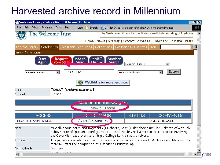 Harvested archive record in Millennium 