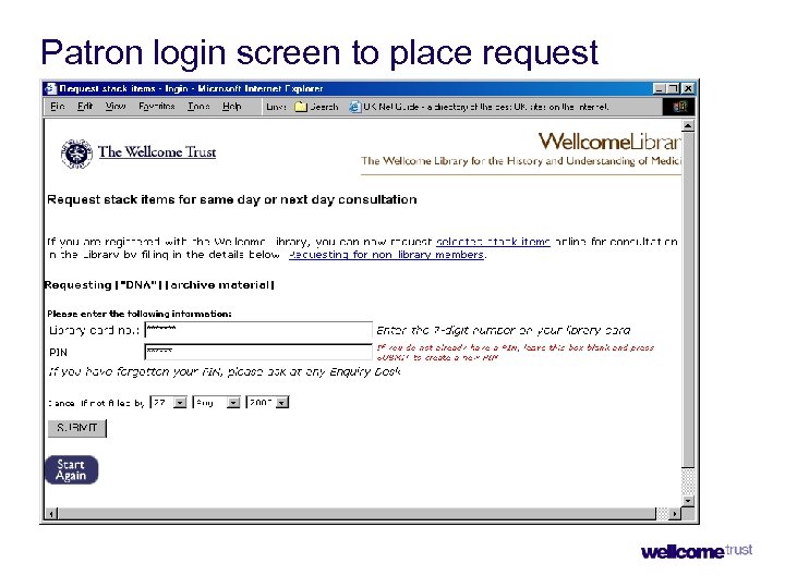 Patron login screen to place request 