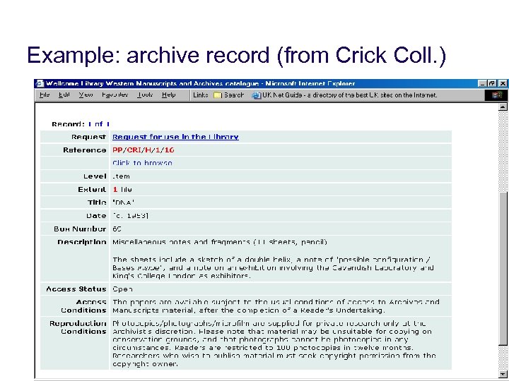 Example: archive record (from Crick Coll. ) 