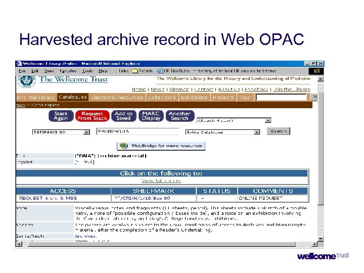 Harvested archive record in Web OPAC 