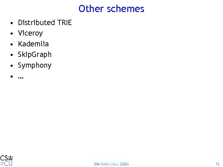 Other schemes • • • Distributed TRIE Viceroy Kademlia Skip. Graph Symphony … IBM