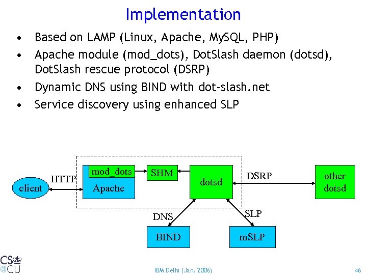 Implementation • Based on LAMP (Linux, Apache, My. SQL, PHP) • Apache module (mod_dots),