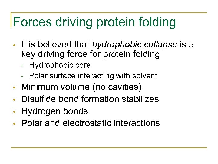 Forces driving protein folding • It is believed that hydrophobic collapse is a key