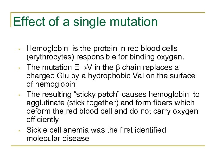 Effect of a single mutation • • Hemoglobin is the protein in red blood