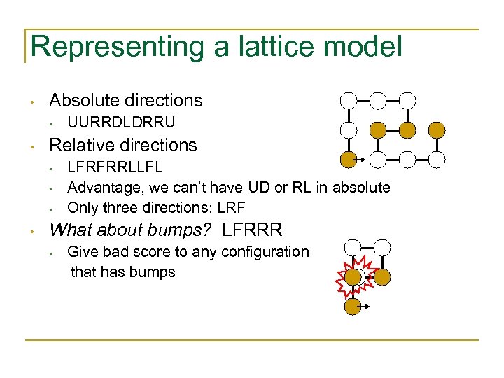 Representing a lattice model • Absolute directions • • Relative directions • • UURRDLDRRU