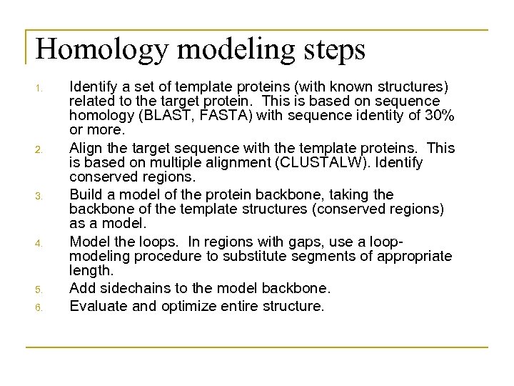 Homology modeling steps 1. 2. 3. 4. 5. 6. Identify a set of template