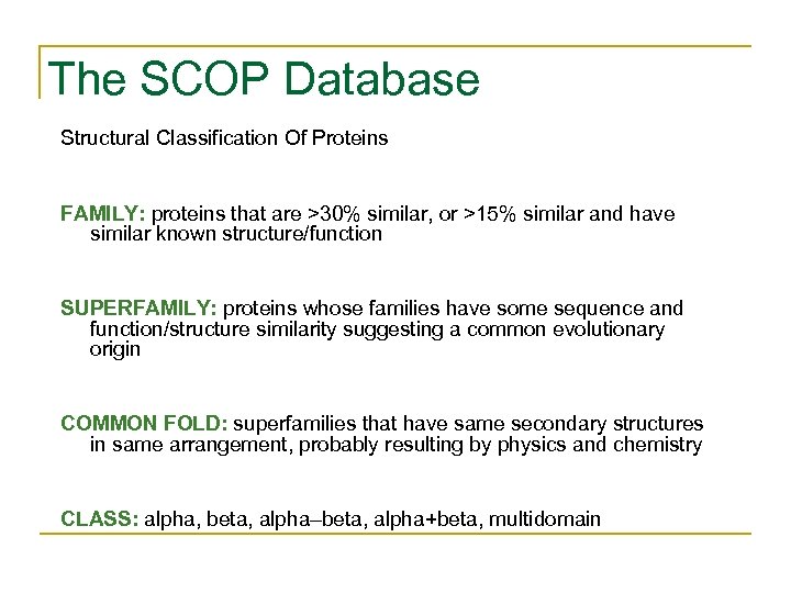 The SCOP Database Structural Classification Of Proteins FAMILY: proteins that are >30% similar, or