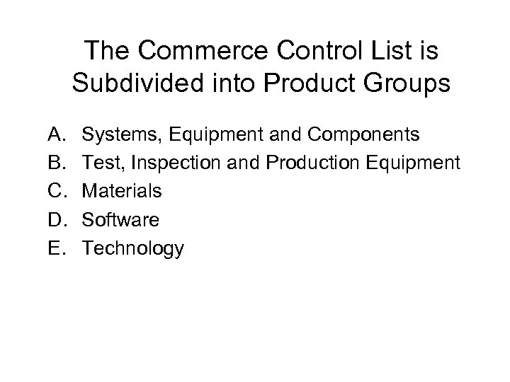 The Commerce Control List is Subdivided into Product Groups A. B. C. D. E.