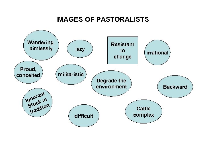 IMAGES OF PASTORALISTS Wandering aimlessly Proud, conceited t ran o Ign ck in Stu