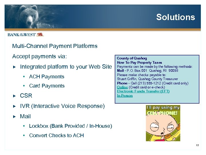 Solutions Multi-Channel Payment Platforms Accept payments via: Integrated platform to your Web Site ACH