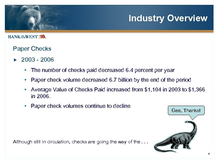 Industry Overview Paper Checks 2003 - 2006 The number of checks paid decreased 6.