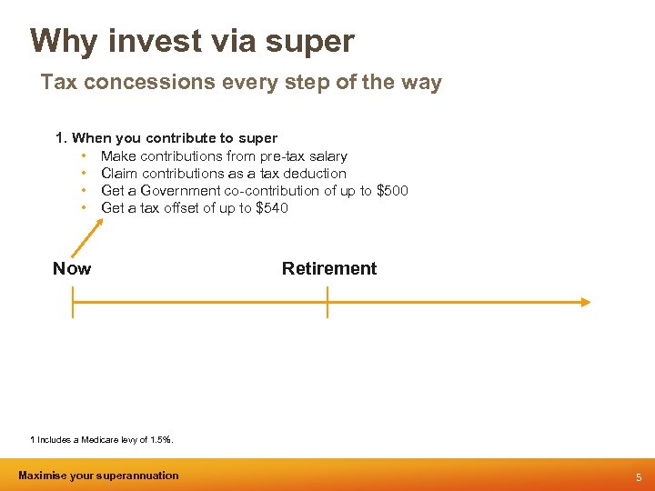 Why invest via super Tax concessions every step of the way 1. When you