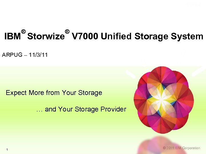 ® ® IBM Storwize V 7000 Unified Storage System ARPUG – 11/3/11 Expect More