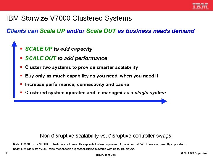 IBM Storwize V 7000 Clustered Systems Clients can Scale UP and/or Scale OUT as