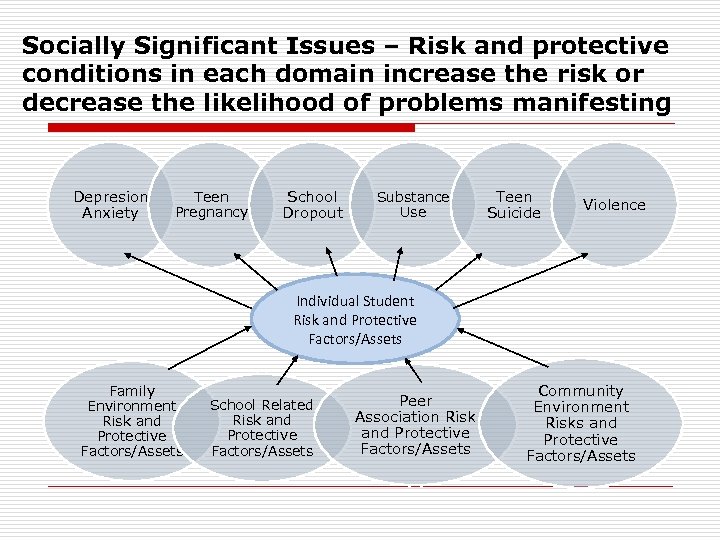Socially Significant Issues – Risk and protective conditions in each domain increase the risk