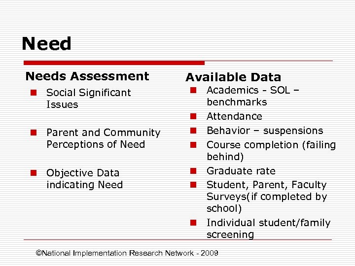 Needs Assessment n Social Significant Issues n Parent and Community Perceptions of Need n