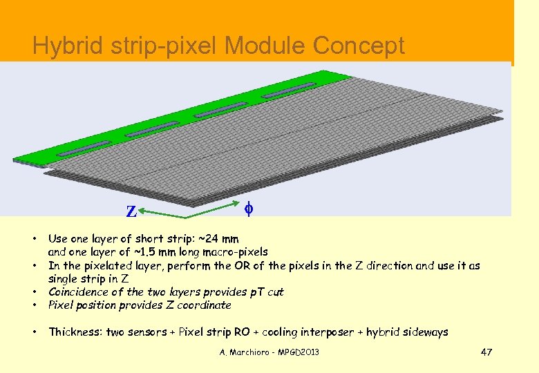  Hybrid strip-pixel Module Concept Z f • • Use one layer of short