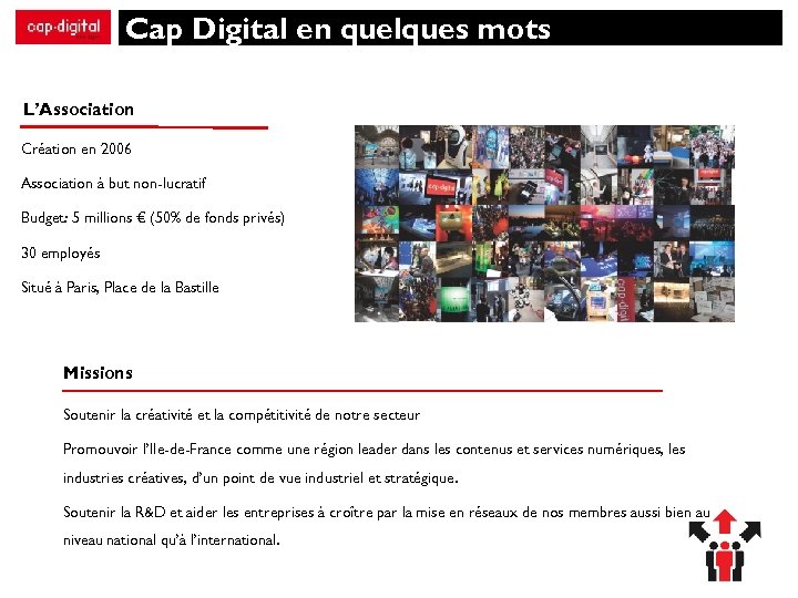 Cap Digital en quelques mots L’Association Création en 2006 Association à but non-lucratif Budget: