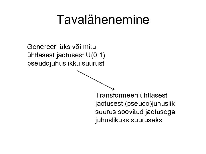 Tavalähenemine Genereeri üks või mitu ühtlasest jaotusest U(0, 1) pseudojuhuslikku suurust Transformeeri ühtlasest jaotusest