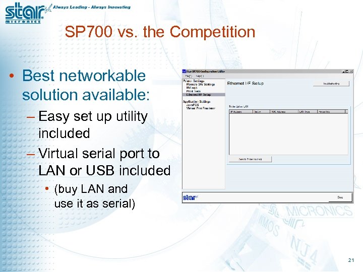 SP 700 vs. the Competition • Best networkable solution available: – Easy set up