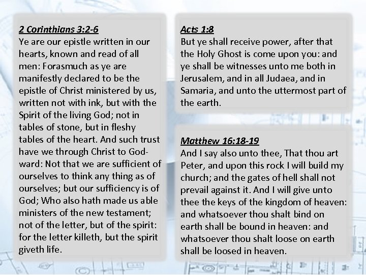 2 Corinthians 3: 2 -6 Ye are our epistle written in our hearts, known