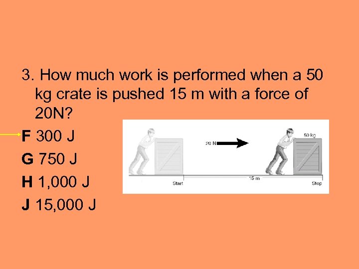 3. How much work is performed when a 50 kg crate is pushed 15