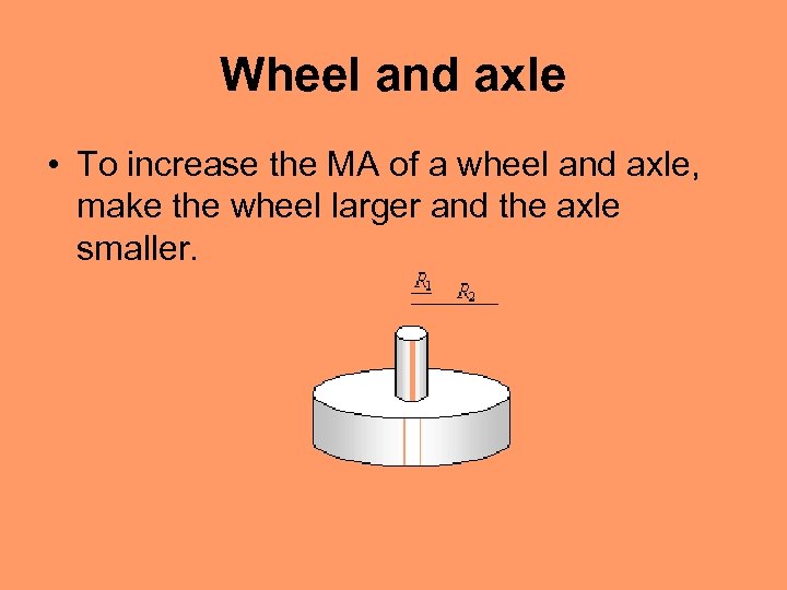 Wheel and axle • To increase the MA of a wheel and axle, make